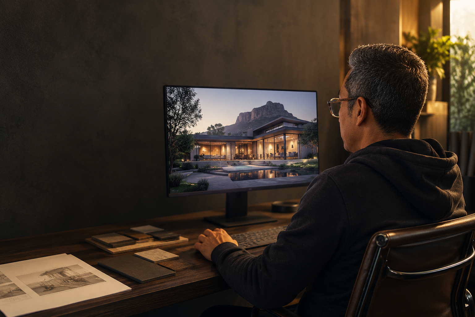 Shafiek Walker at his architectural visualisation workstation
